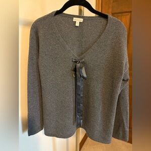 Garnet Hill Cashmere Gray V-Neck Sweater with Ribbon Detail